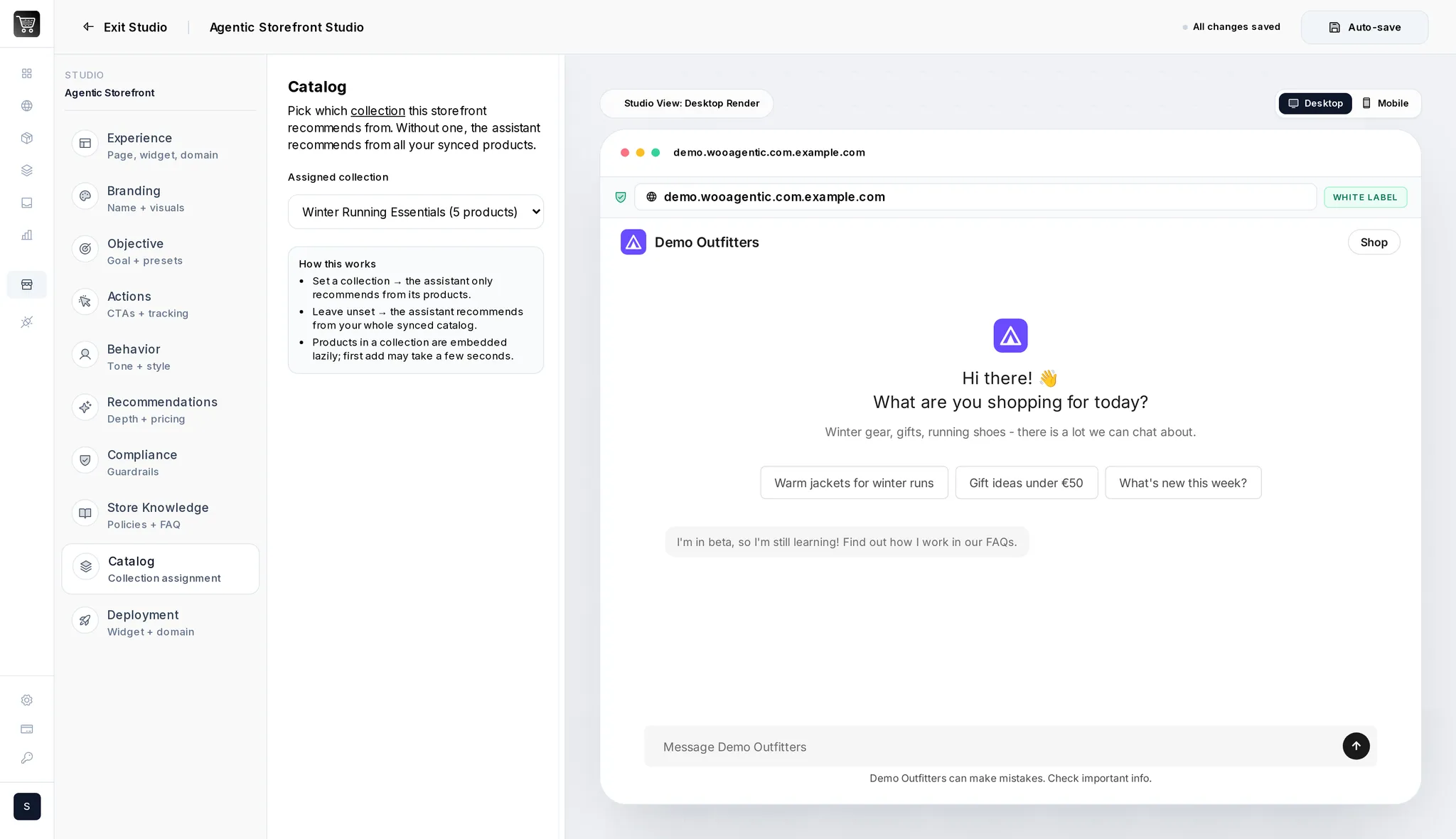The Storefront Studio Catalog layer - a collection assigned to the storefront via dropdown, with the live preview alongside
