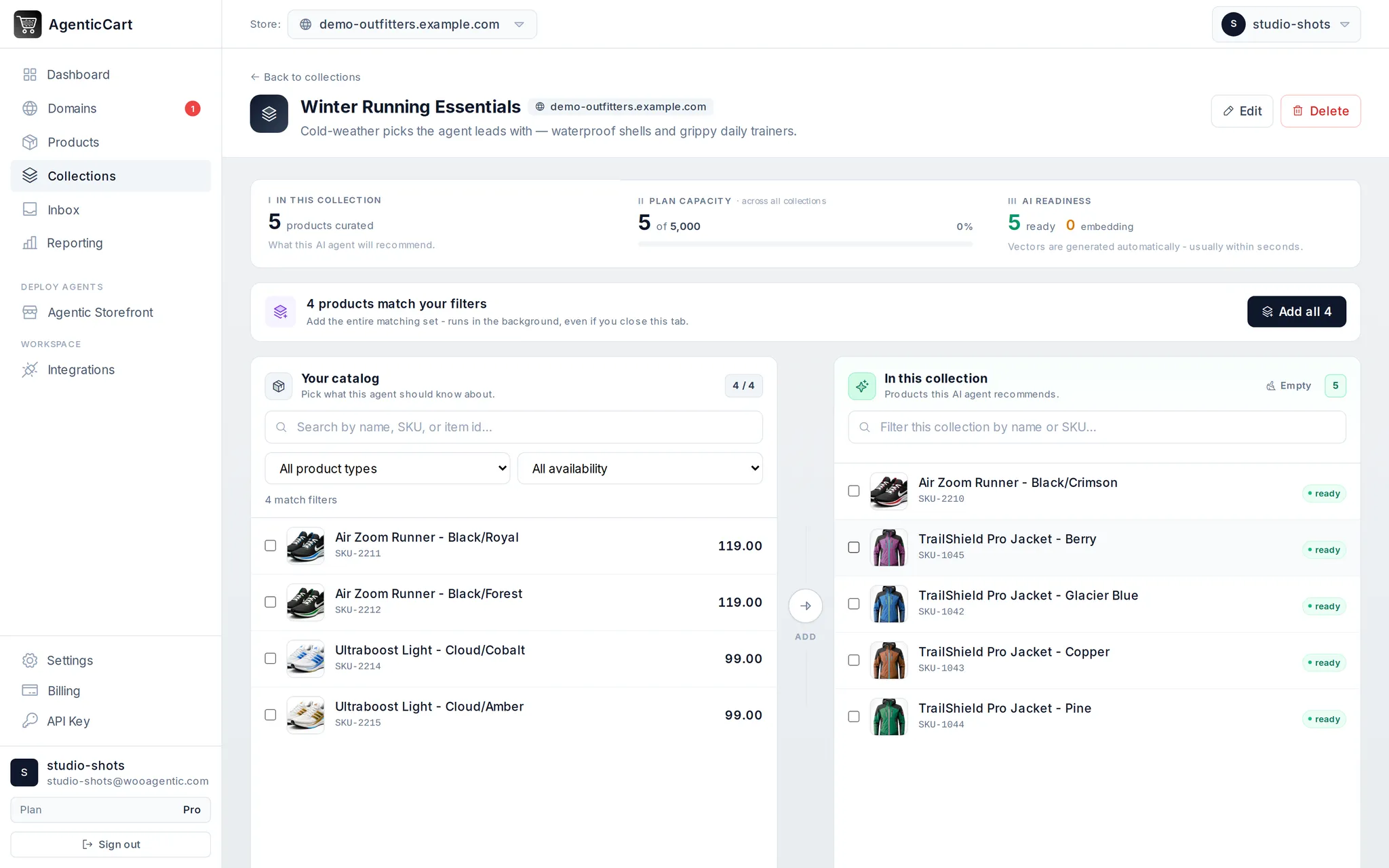 The AgenticCart collections workspace - catalog pane with search and filters on the left, the curated collection with product thumbnails and ready badges on the right, live counts and plan capacity on top
