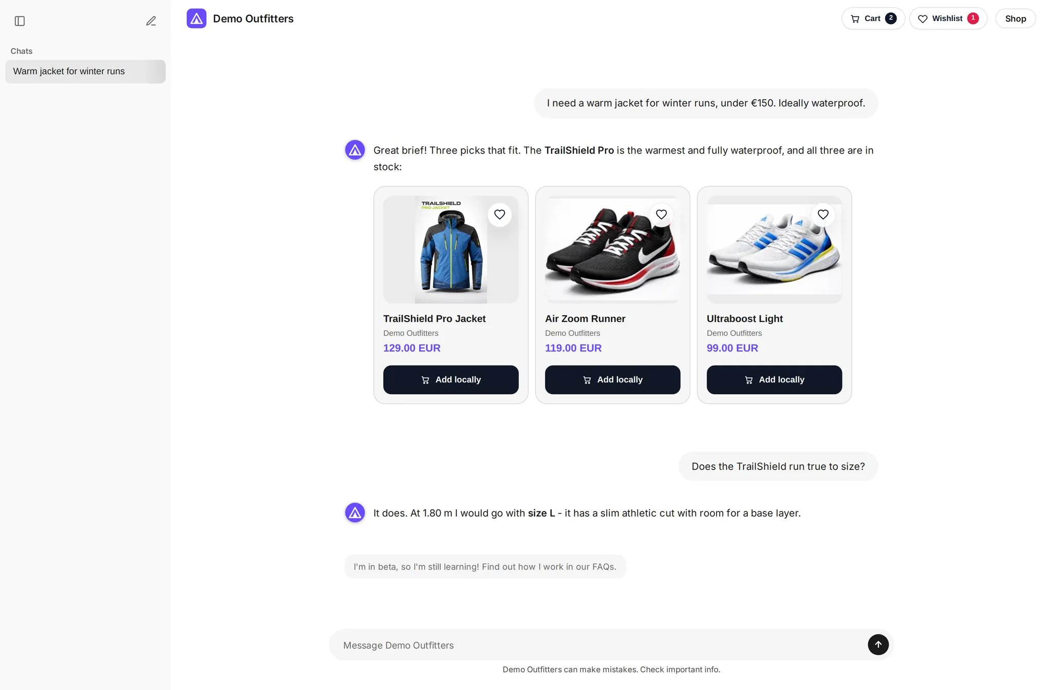 A real hosted storefront conversation - the shopper asks for a warm waterproof jacket under €150 and the assistant answers with three product cards, prices and add-to-cart buttons