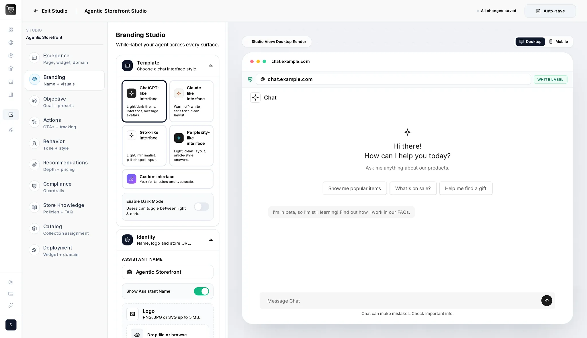 The real Storefront Studio - Branding layer with the live storefront preview